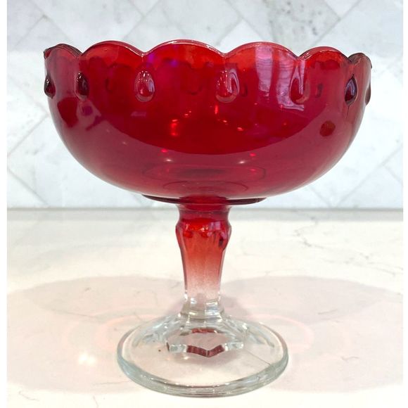 Vintage Indiana Glass Ruby Red Tear Drop Scalloped Pedestal Compote Bowl 7.5" - Picture 1 of 8